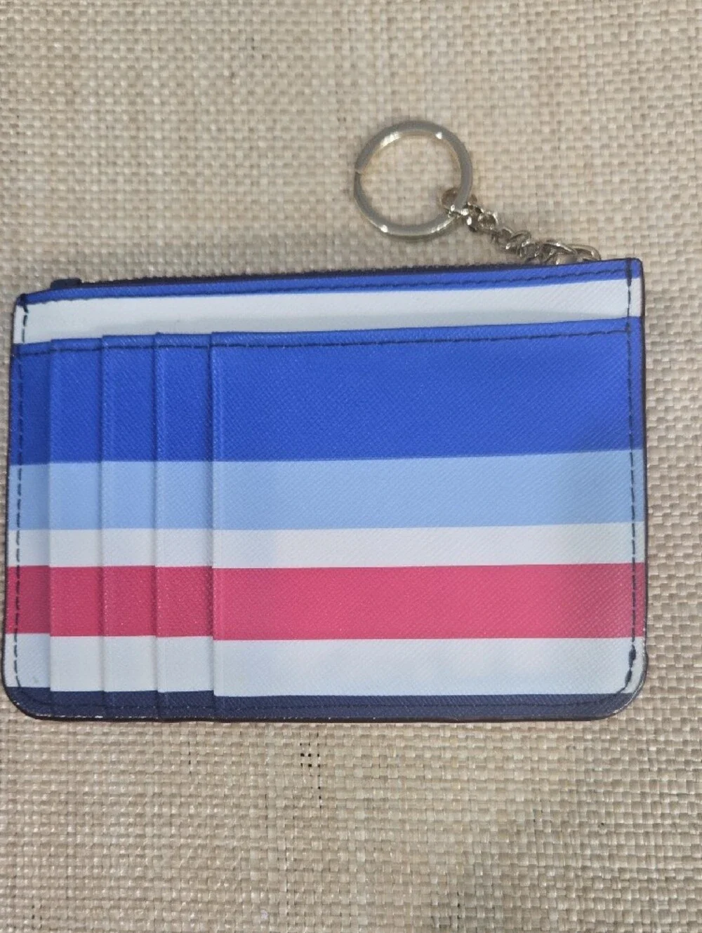 NWOT kate spade Blue, Light Blue, White, Pink Striped Card Pouch with Keyring